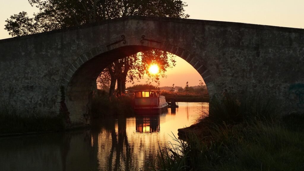 sunrise, bridge, canal du midi, landscape, the water, sky, nature, reflection